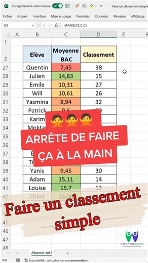 Faire un classement simple | Astuce Excel #shortsreels #Excel #ASTUCES #Microsoft #formation | Alkhabir 24