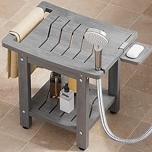 YEFU Shower Chair for Inside Shower: Slip-Resistant Waterproof No Maintenance 500 LBS Weight Capacity - Shower Bench/Stool with Shelf & Handle for Bathroom/Outdoor - Easy to Assemble for Adult/Gray