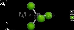 Carbon Tetrachloride. Solvent. Animated 3D model of a molecule. Molecular formula: CCl4. Chemical model: Ball and stick. Black background. 3D rendering. Seamless loop.