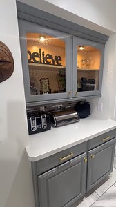 More updates on our kitchen remodel. Tony couldn’t stop doing MORE!😅😍 Loving the gold and brush nickel mixed. Different! I jumped in the mix with accessorizing. Loving the outcome! Paint is the cheapest form of remodel! We went with this light grey and whitish walls. This gives a clean look! Conservative and it feels bigger! Tony decided to add light rails under the cabinets and lights above the cabinets. Feeling lovely in here! 😍 Thanks babe. #couple #kitchendesign #hedidthat #remodel #homei