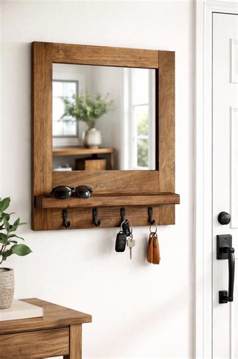 Rustic Wood Entryway Mirror With Shelf & Hooks | Farmhouse Wall Organizer - Etsy