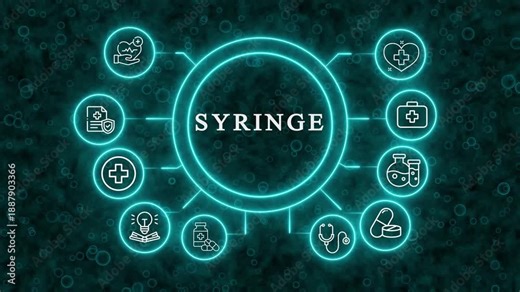 Syringe Medical Icon Network Flowchart Diagram with Healthcare Symbols and Glowing Neon Lights on Dark Background,A digital illustration representing a syringe at the center of a medical network,