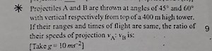 Projectiles A and B are thrown at angles of 45 ^ { \circ } and ... | Filo