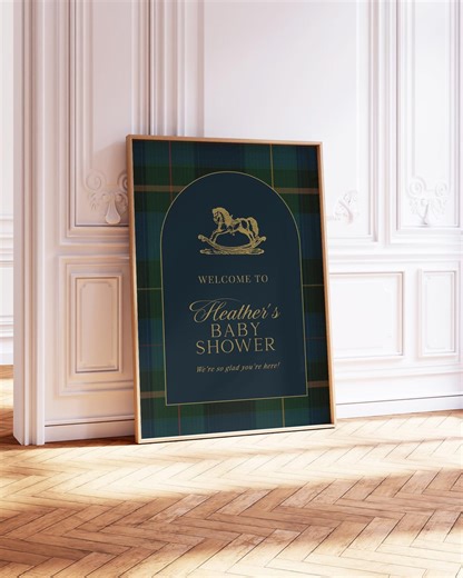 Classic Plaid Baby Shower Welcome Sign Vintage Rocking Horse Welcome Poster Dark Blue   Green Plaid Baby Shower Printed   Shipped RL - Etsy