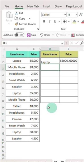 All items grouped by name with their Unique price in excel using formula#exceltip excel trick