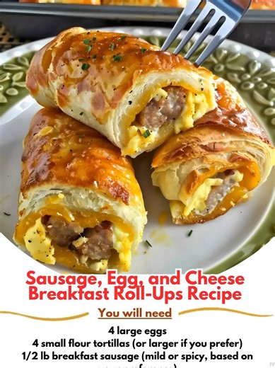 Sausage, 💕 Egg, and Cheese Breakfast Roll-Ups Recipe Ingredients: 4 large eggs 4 small flour tortillas (or larger if you prefer) 1/2 lb breakfast sausage (mild or spicy, based on your preference) 1 cup shredded cheddar cheese (or a cheese of your choice) ..... Full Recipe in Coʍmеոτ 💬 🦍 | Easy Family Recipes