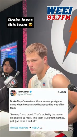 Drake Maye’s most emotional answer postgame came when he was asked how proud he was of his team: “I mean, I’m so proud. That’s probably the reason I’m choked up most. This team is…something that… just glad to be a part of.” #patriots #patsnation #gopats #drakemaye #superbowl | WEEI Boston's Sports Original