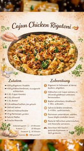 Jetzt koche ich nur noch Cajun Chicken Rigatoni 🍝 auf diese Weise‼️Cremig, würzig und voller Geschmack🔥 Zutaten 🍽️ 450 g Rigatoni-Nudeln 450 g Hähnchenbrust, in mundgerechte Stücke geschnitten 1 EL Cajun-Gewürzmischung 2 EL Olivenöl 1 EL Butter 3 Knoblauchzehen, fein gehackt 240 ml Sahne 240 ml Hühnerbrühe 75 g geriebener Parmesan Salz & Pfeffer nach Geschmack Frische Petersilie, gehackt, zum Garnieren 🌿 Zubereitung 🍲 1- Pasta kochen: Rigatoni in reichlich Salzwasser al dente kochen. Abgieß