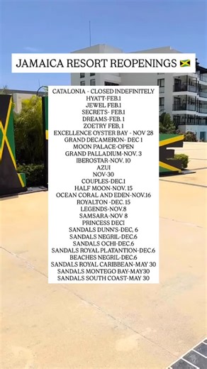 Jamaica is making a comeback 🌴✨ Check out the reopening dates for some of the island’s top resorts — it’s almost time to feel that sunshine again! 🇯🇲☀️ #VisitJamaica #JamaicaTravel #JamaicaResorts #TravelUpdate #IslandVibes #CaribbeanTravel #TravelGram #TropicalGetaway #ResortLife #TravelGoals #TravelAddict #VacationMode #BeachEscape #LuxuryTravel #TravelInfluencer #ExploreTheCaribbean #PassportReady #WanderlustVibes #BeachResorts #TravelTips #CouplesGetaway #GroupTravel #TravelAgentLife #Bla