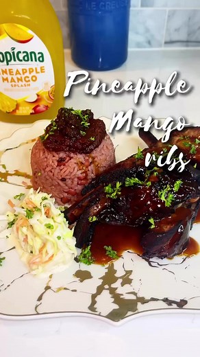 I cooked some ribs in pineapple mango juice and it turned out amazing! I used; 👇🏾2.5 lbs pork ribs (cut in 3 pieces)2 cups @tropicana_juices pineapple mango juice6 Tbsp soy sauce1.5 Tbsp Worcestershire sauce 1 Tbsp ginger paste1 Tbsp garlic paste5 fresh bay leaves1 bunch green onions (sliced)3 star anise1 Tbsp chicken bouillon powder3 Tbsp honeyLet ribs cook in sauce for 45 mins or until fall off the bone tenderCut in single piece and air fry at 400 for 12-15 minsTo make glazeIn a small pot ad