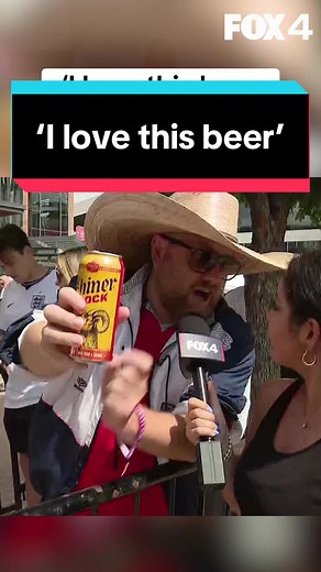 A man of refined taste🏴󠁧󠁢󠁥󠁮󠁧󠁿🤝 We caught up with England fan Paul Brown, who is navigating his trip to Texas exactly the way you're supposed to: with a cold Shiner Bock in one hand and a belly full of BBQ
