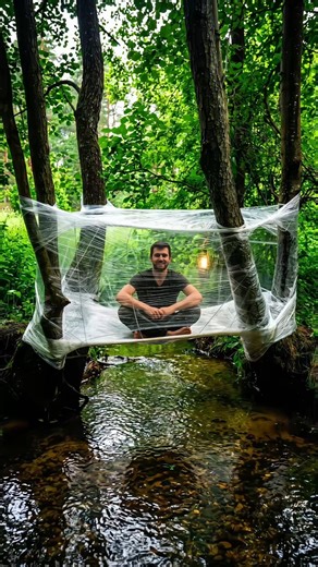 I Built a FLOATING SHELTER with Plastic Wrap! 🌊 #shorts