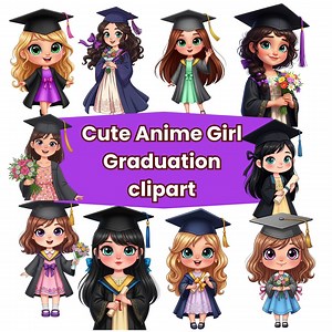 Cute Anime Girl Graduation Clipart PNG | Kawaii Graduate Girls | Graduation Clip Art Bundle | Digital Download - Etsy
