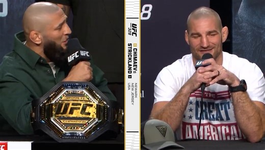 Khamzat Chimaev questions why Sean Strickland didn't stay at the same hotel as him. Khamzat: "Why did you not stay at the same hotel? Because you run from there."Sean: "I told you to meet me in Vegas and you said 'this is a misunderstanding.' Don't talk about running."