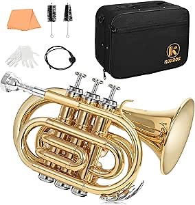Pocket Trumpet B Flat Quality Brass Bb Mini Trumpet with 7C Mouthpiece, Cleaning Kit, Gloves, Hard Case for Beginners, Students, Travelers and Professionals, Gold Lacquer