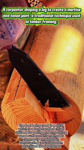 A carpenter shaping a log to create a tenon joint, a traditional technique used in timber framing.