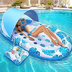 KIZJORYA 2025 New Pool Floats Adult with Canopy and Cup Holder, 3-in-1 Inflatable Pool Lounge Floaties for Swimming Pool Lake Beach Water, Raft Lounger Floating Chair for Adults Heavy Duty