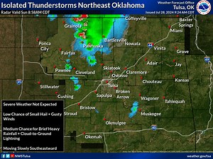 Radar update (9:25 AM 7/28/24): An area of showers and isolated thunderstorms continues to move through portions of northeast OK. Severe weather is not anticipated, but we do expect locally gusty winds, brief heavy rain, and lightning within these storms. | US National Weather Service Tulsa Oklahoma