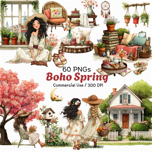Boho Spring Clipart: Cottagecore Garden Graphics (digital Download - 60 Pngs, 300 DPI, Commercial Use) - Etsy
