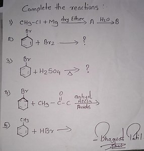 Complete the reactions:1) CH3-Cl   Mg (dry Ether) -> A   H2O ... | Filo