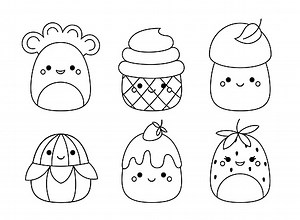 Broccoli, gelato, banana, torta, fragola. Disegno da colorare....