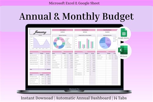 Annual & Monthly Budget Spreadsheet | Financial Planner Template | Monthly Income, Expense, Bills, Debt Tracker (excel, Google Sheets) - Etsy