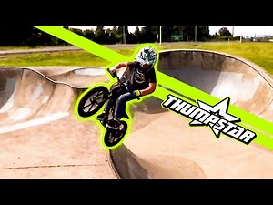 Caiden rides Thumpstar TSE 16 Electric Balance Bike and BMX at Skatepark