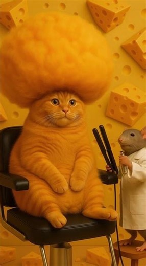 Cheese Afro Makeover! 🧀🐱 Cat Gets Styled by a Mouse Hairdresser