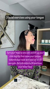 3 facial exercises using your tongue 👅 Move your tongue slowly around your mouth 3 times one way and 3 times the other way to tone and strengthen your mouth muscle Turn your head to one side and lift up your chin slightly then move your tongue towards your nose and hold for 10-15 seconds. Do both sides to lift and tone your lower face Tuck your lips in and smile, using your fingers to smooth any lines created around your mouth then lift your tongue up as you move your neck up and down for 20-30