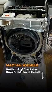 Your Maytag washer not draining properly? It could be a clogged drain filter like this one. The drain filter catches lint, small objects, and debris to prevent them from damaging the pump. Over time, it can get clogged, leading to drainage issues or even flooding. How to Fix It: 1. Locate the filter — usually behind a small panel at the front bottom of your washer. 2. Place a towel under the filter to catch any water. 3. Unscrew the filter cap carefully — water may spill out. 4. Remove any lint,