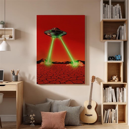 Retro Sci-fi UFO Canvas Wall Art – Alien Spaceship Attack Poster Print, Futuristic Pop Art Decor, Geometric Space Gift for Sci-fi Lovers - Etsy