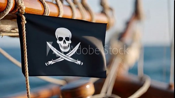 Pirate flag waving on a historic ship while sailing across blue ocean waters under a clear sky