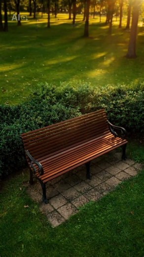 In a secluded park corner, a garden bench sits amidst lush green grass