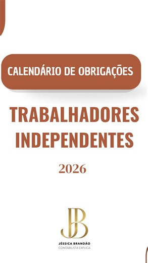 Jéssica Brandão | Contabilista para Empreendedores on Instagram: "🗓️ Calendário das Obrigações Fiscais 2026 – Trabalhadores Independentes O ano de ano de 2026 está prestes a começar e se és trabalhador independente e queres parar de falhar prazos, evitar multas e ter controlo total dos teus impostos, este calendário é para ti. Este calendário está dividido por meses e em cada mês encontras os prazos das principais obrigações a cumprir para quem trabalha por conta própria Este não é só um calend