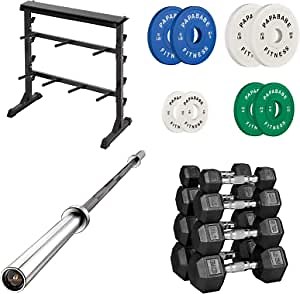 papababe Dumbbell Set with 7ft Olympic Barbell, Change Plates 2 inch Fractional Weight Plates, 3 in 1 Multifunctional Weight Plate Rack