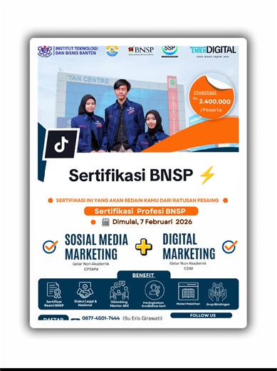 Hallo Sobat TANGGUH 👐🏻 Informasi Sertifikasi BNSP, - Brevet A & B - Web Developer - Digital Marketing Sosial Media Marketing Daftar Sekarang, Pelaksanaan 7 Februari 2026 Info Lebih Lanjut DM aja👍🏻 #institutbanten #kampusberdampak #sertifikasikompetensibnsp #BNSP #serangbanten