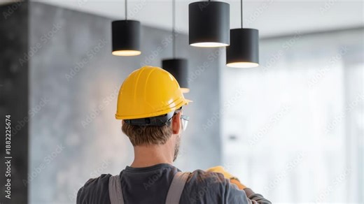 Wiring a New light fixture installation and electrical work. Electrician man installing a black lamp home lighting and spot loft style on ceiling. Electrical industry and design. Interior lighting
