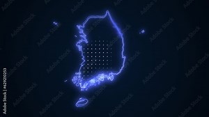 Neon Blue South Korea Map Borders Outline Loop Background. Neon Blue Colored South Korea Map Borders Outline Seamless Loop Dark Background. South Korea Neon Map Borders Outline.