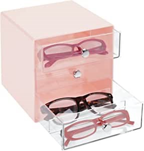 mDesign Stackable Plastic Eye Glass Storage Organizer Box Holder for Sunglasses, Reading Glasses, Lens Cleaning Cloths, and Accessories - 3 Divided Drawers, Chrome Pulls - Light Pink/Clear
