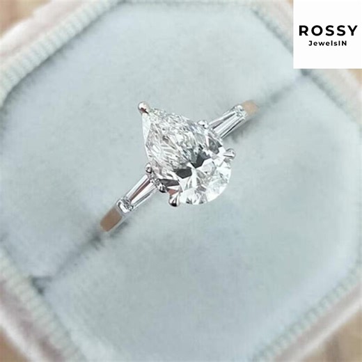 Pear Cut Lab Diamond Three Stone Ring, Tapered Baguette Accents, IGI Certified - Etsy