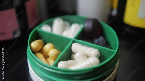 Pills box close-up. Medical pill box with doses of tablets for daily take medicine with drugs and capsules.
