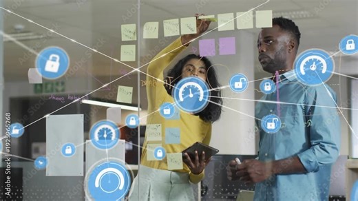 Woman tapping tablet, placing notes with peer watching, forming tech map blue nodes linking tasks