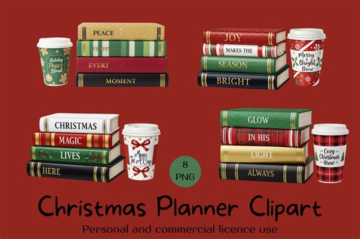 Christmas Book Stack Clipart Bundle, Holiday Coffee Cup PNG (300 DPI) - Etsy