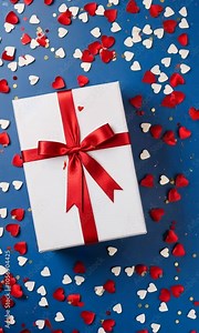 concept blue box flat white gift top ribbon valentine day lay confetti present bow red birthday background christmas view surprise gift present box christmas valentine day banner new year christmas
