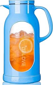 Delove 68 oz/2 Liter Glass Pitcher with Shatterproof Shell - Heat Resistant Glass Liner - Stainless Steel Lid - Carafe & Jug for Iced Tea,Hot/Cold Water,Homemade Juice Beverages (Blue)