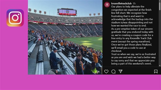 Runners participating in the Knoxville Track Club's "Finish on the Field" 5K race had trouble finishing on the field when finish line at Neyland became congested. | WBIR Channel 10