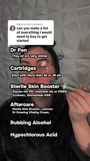 Replying to @dre 💬 ✨ BEGINNER MICRONEEDLING SHOPPING LIST ✨ Everything you need to get started - no extras 💕 🖊️ Device • Dr. Pen (any model - they’re all very similar) 🔹 Cartridges • Start with Nano • Then add 36 or 42 pin (when ready) 💧 Sterile Skin Boosters (choose ONE) • Elaxen HA PN • HanHeal HA or PDRN • Curenex • DermaHeal HSR 🧴 Aftercare (healing repair) • Sterile skin booster • Laennec • Dr. Drawing Vitality Cream • Rona Stem Cell Ampoule 🧼 Sanitizing • Rubbing alcohol • Hypochlor