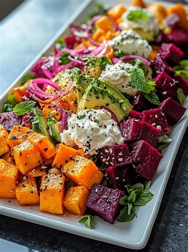 Beet, Sweet Potato & Avocado Salad Roast 2 cubed beets, 2 cups sweet potato & 1 can chickpeas with 2 tbsp olive oil, 1 tsp smoked paprika, salt & pepper at 400°F for 25–30 min. Whip 1 cup ricotta with 1 tbsp olive oil, 1 tsp lemon zest & a pinch of salt. Mix 3 tbsp tahini 1½ tbsp lemon juice a little water. Spread whipped ricotta, top with roasted veggies, 2 cubed avocados, 1/2 cup pickled red onions, mint & 1 tbsp black sesame seeds. Drizzle tahini sauce. | Simply Delicious