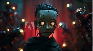 Evil android puppet portrait. Crazy villain with red eyes on a scary futuristic background. The face of an angry dummy.