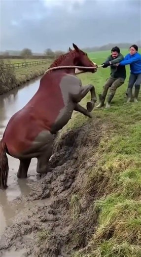 Red Horse Stuck in Mud Rescued